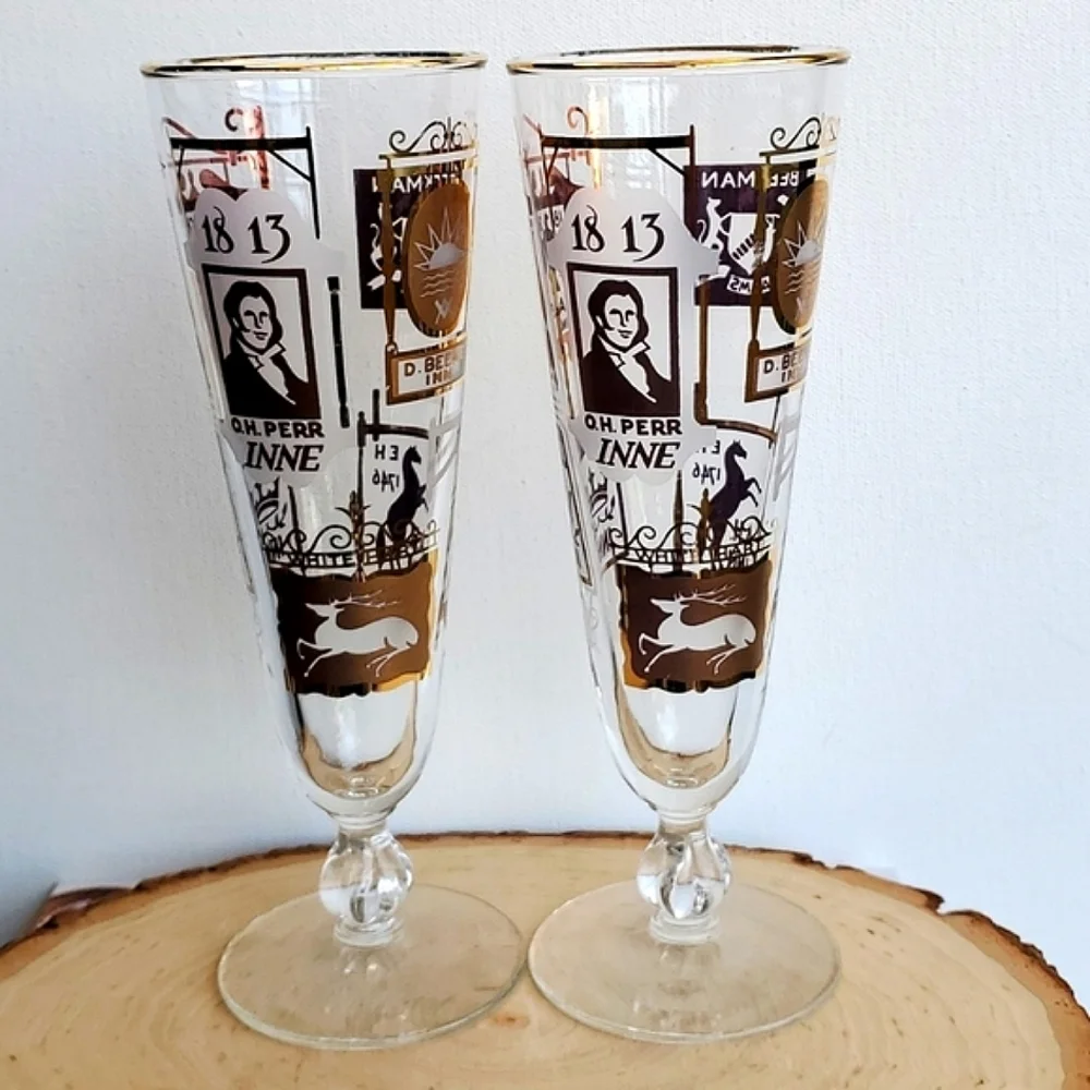 Vintage Libbey Pedastal Beer Glasses Pub and Inns Gold Detail Set of Two